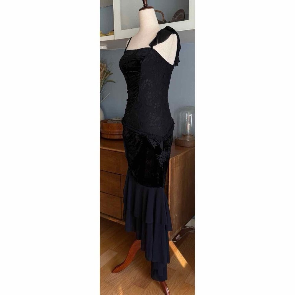 Vintage Y2K Cascadei Black Velvet & Chiffon Evening Dress Asymmetric Whimsy - Picture 7 of 10